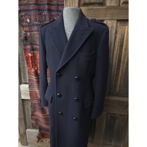 Vintage 1980s Leishman Navy Blue Merino Wool Made In England DB Overcoat M